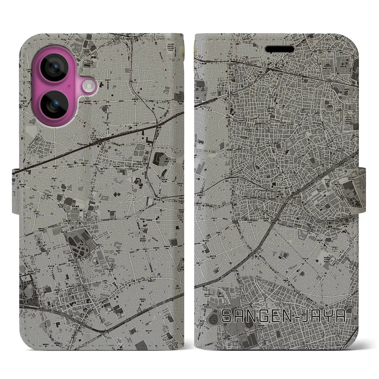 【三軒茶屋（東京都）】地図柄iPhoneケース（手帳タイプ）モノトーン・iPhone 16 Pro 用