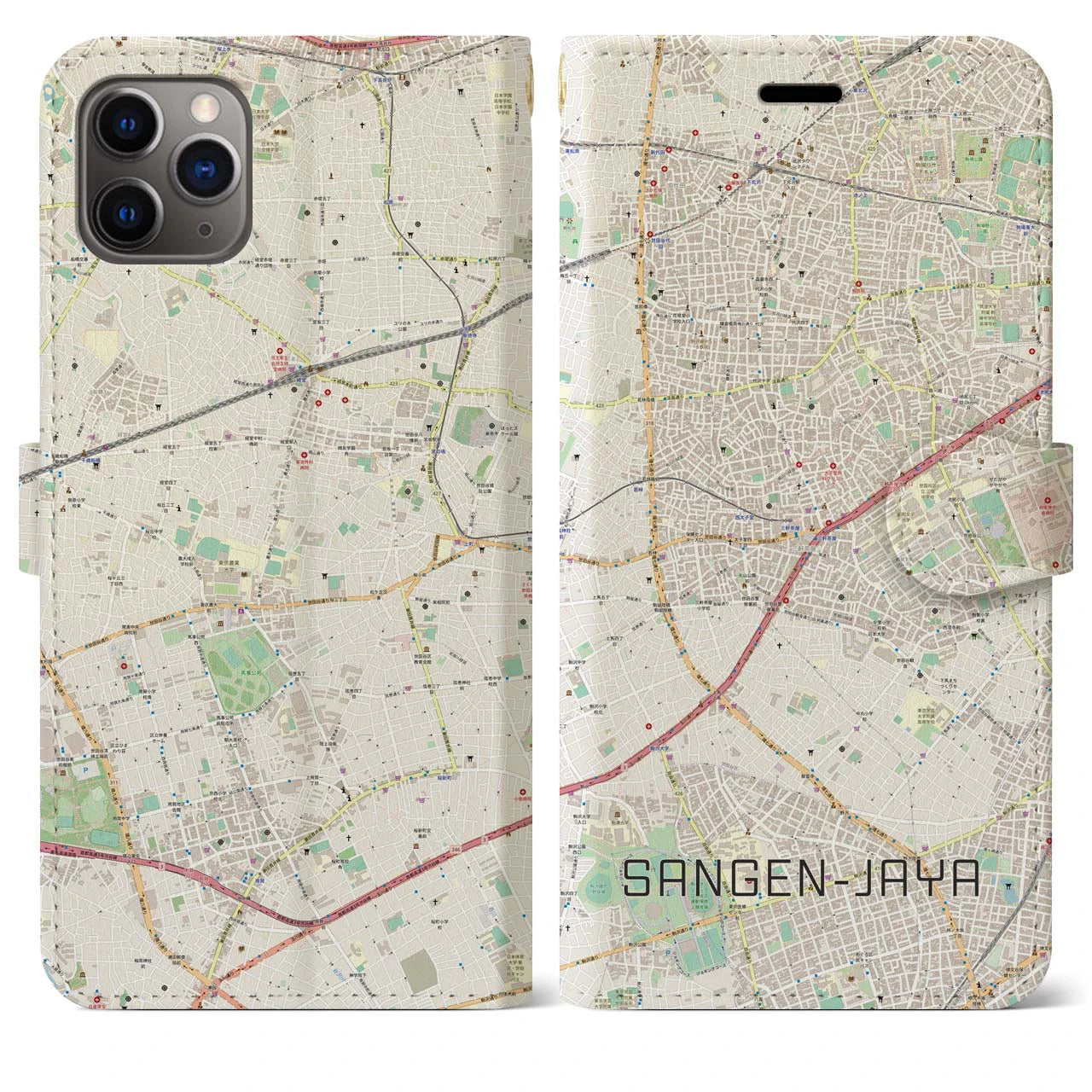 【三軒茶屋】地図柄iPhoneケース（手帳両面タイプ・ナチュラル）iPhone 11 Pro Max 用