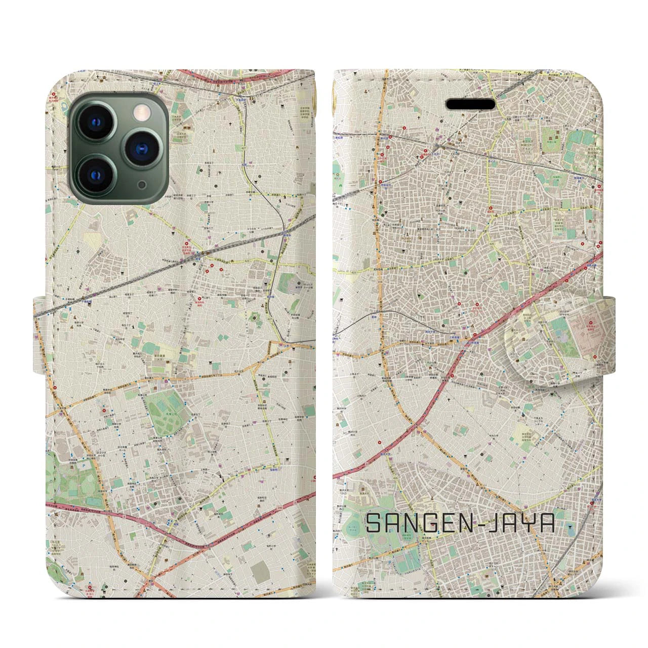 【三軒茶屋】地図柄iPhoneケース（手帳両面タイプ・ナチュラル）iPhone 11 Pro 用