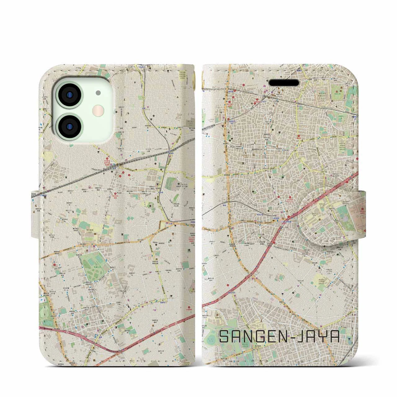 【三軒茶屋】地図柄iPhoneケース（手帳両面タイプ・ナチュラル）iPhone 12 mini 用