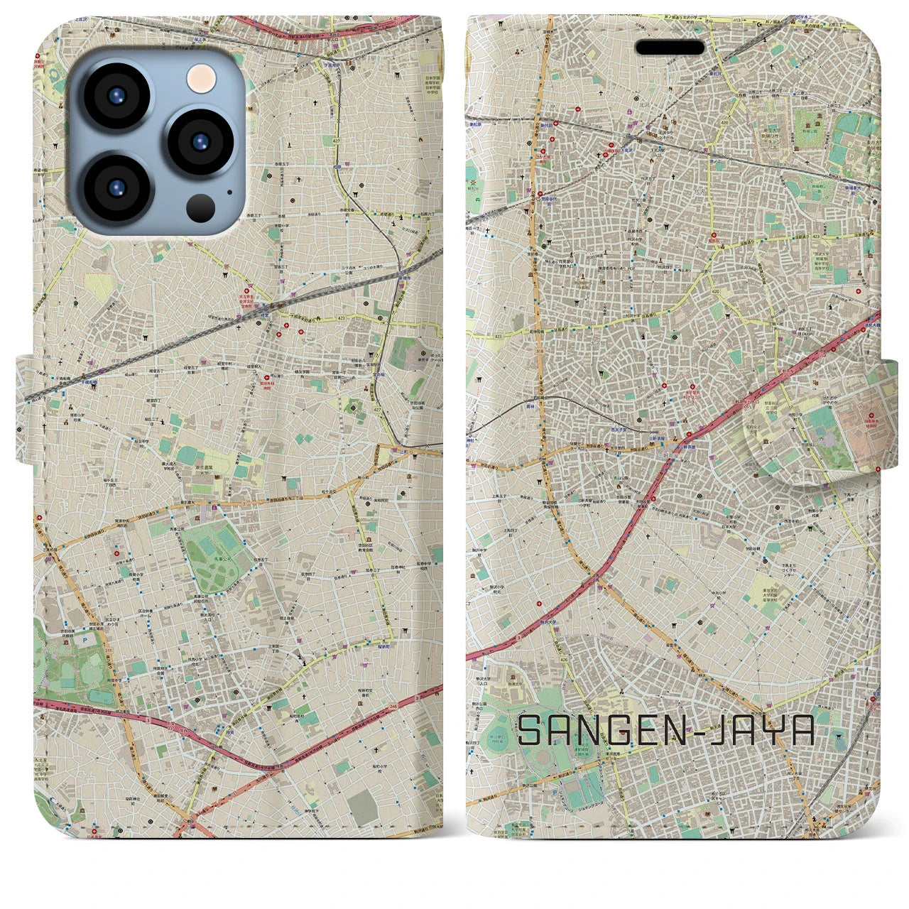 【三軒茶屋】地図柄iPhoneケース（手帳両面タイプ・ナチュラル）iPhone 13 Pro Max 用
