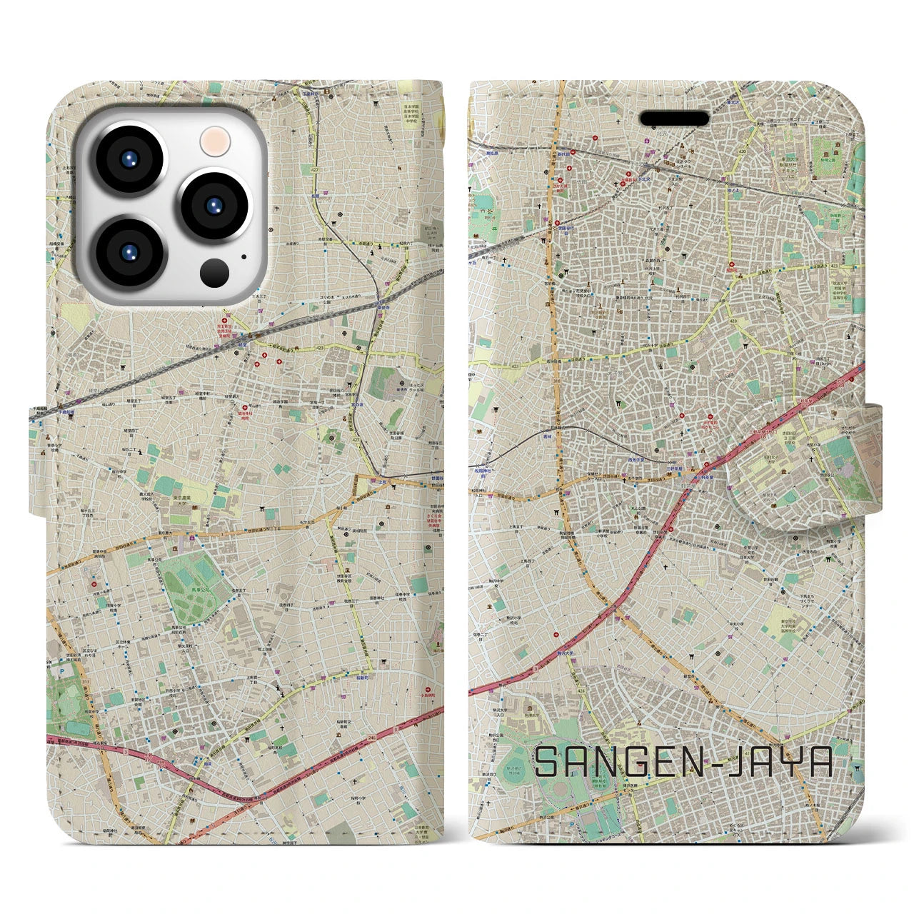 【三軒茶屋】地図柄iPhoneケース（手帳両面タイプ・ナチュラル）iPhone 13 Pro 用