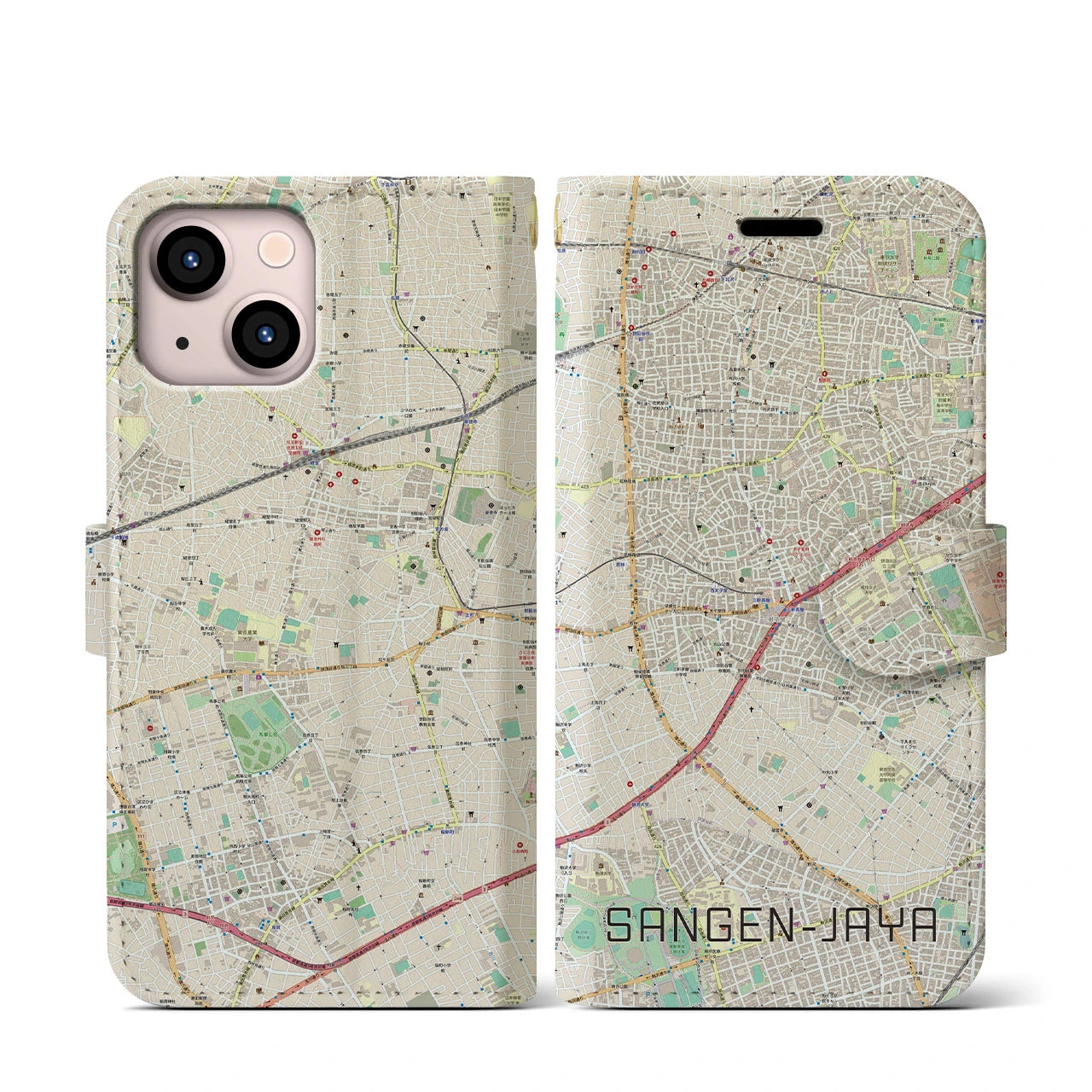 【三軒茶屋】地図柄iPhoneケース（手帳両面タイプ・ナチュラル）iPhone 13 mini 用