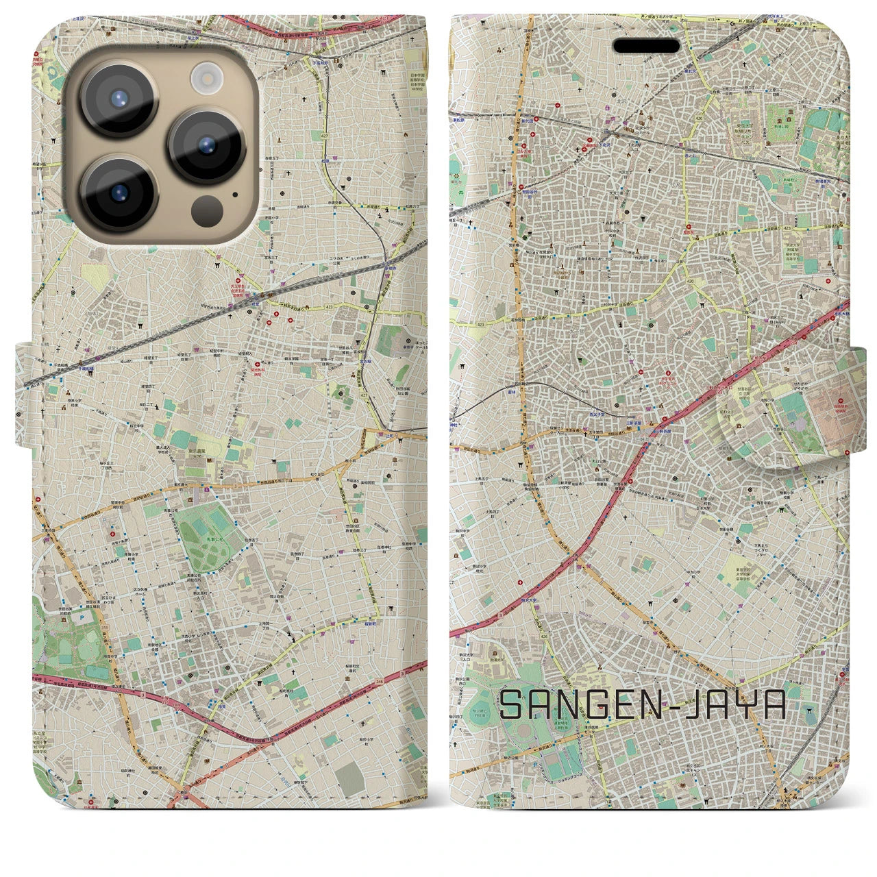 【三軒茶屋】地図柄iPhoneケース（手帳両面タイプ・ナチュラル）iPhone 14 Pro Max 用