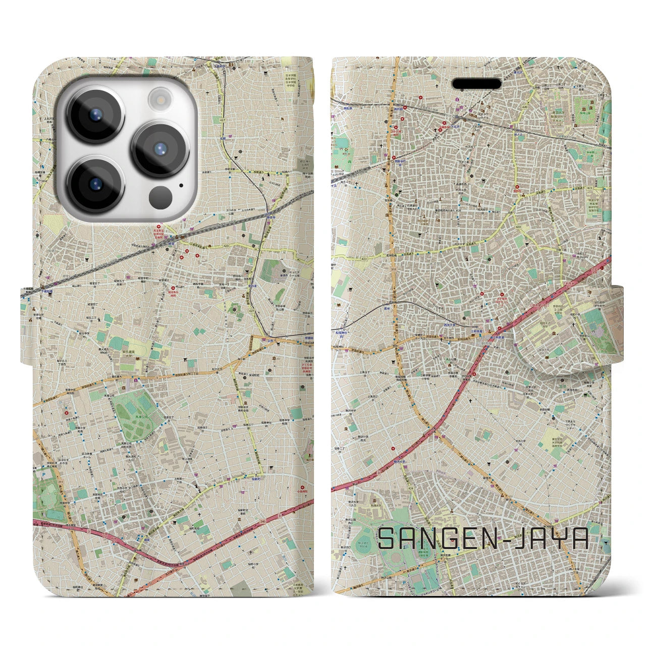 【三軒茶屋】地図柄iPhoneケース（手帳両面タイプ・ナチュラル）iPhone 14 Pro 用