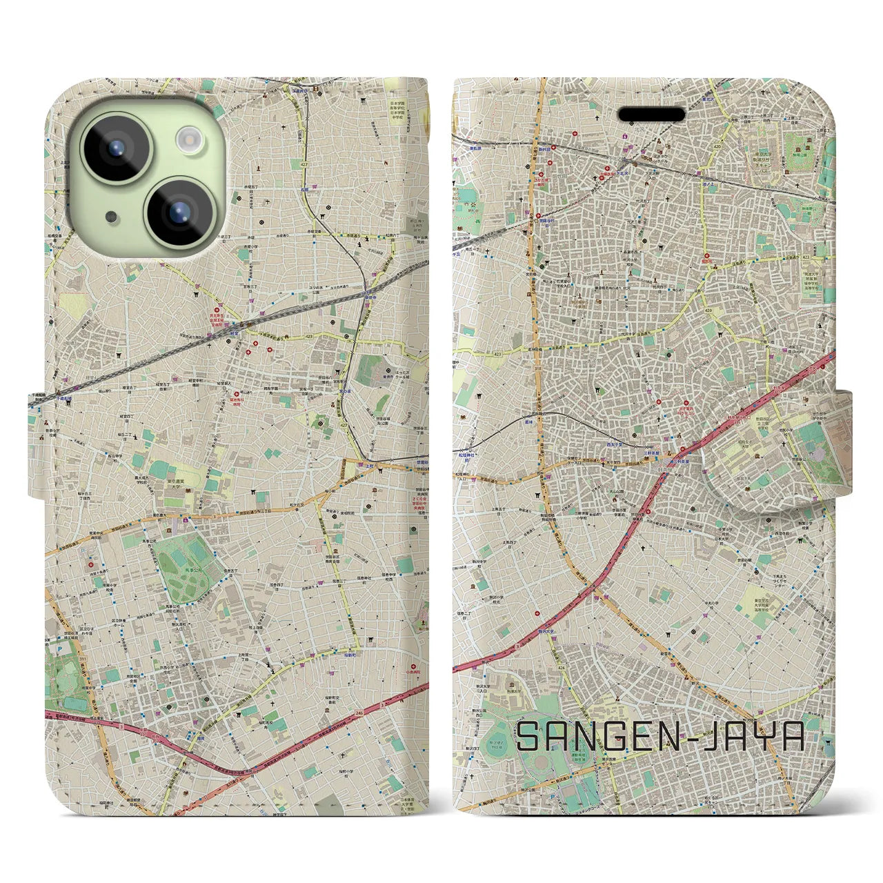 【三軒茶屋】地図柄iPhoneケース（手帳両面タイプ・ナチュラル）iPhone 15 用