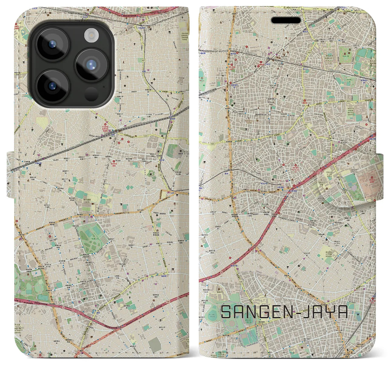 【三軒茶屋】地図柄iPhoneケース（手帳両面タイプ・ナチュラル）iPhone 15 Pro Max 用