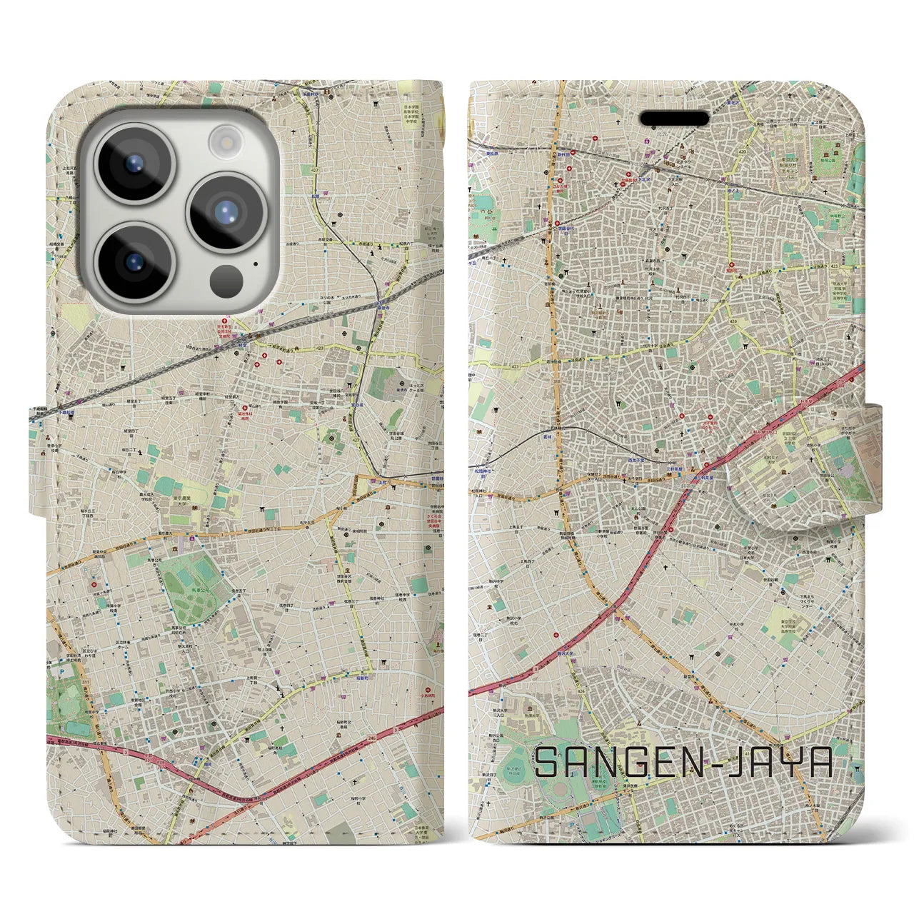 【三軒茶屋】地図柄iPhoneケース（手帳両面タイプ・ナチュラル）iPhone 15 Pro 用