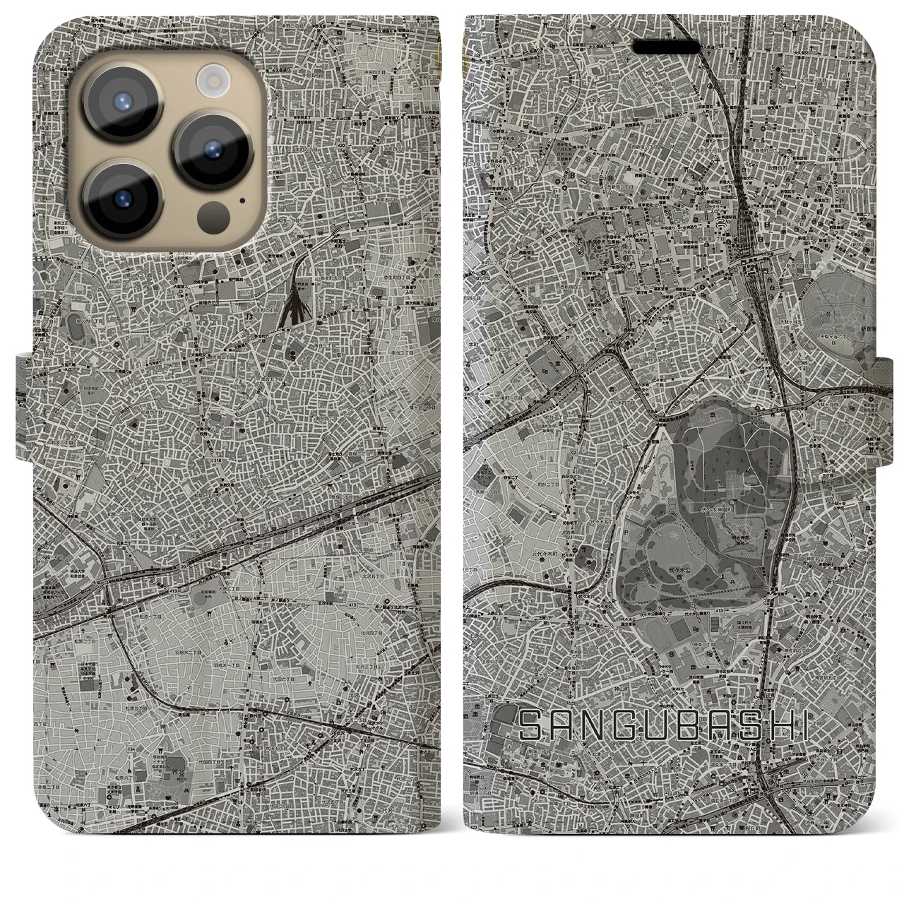 【参宮橋】地図柄iPhoneケース（手帳両面タイプ・モノトーン）iPhone 14 Pro Max 用