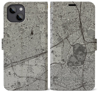 【参宮橋（東京都）】地図柄iPhoneケース（手帳タイプ）モノトーン・iPhone 14 Plus 用