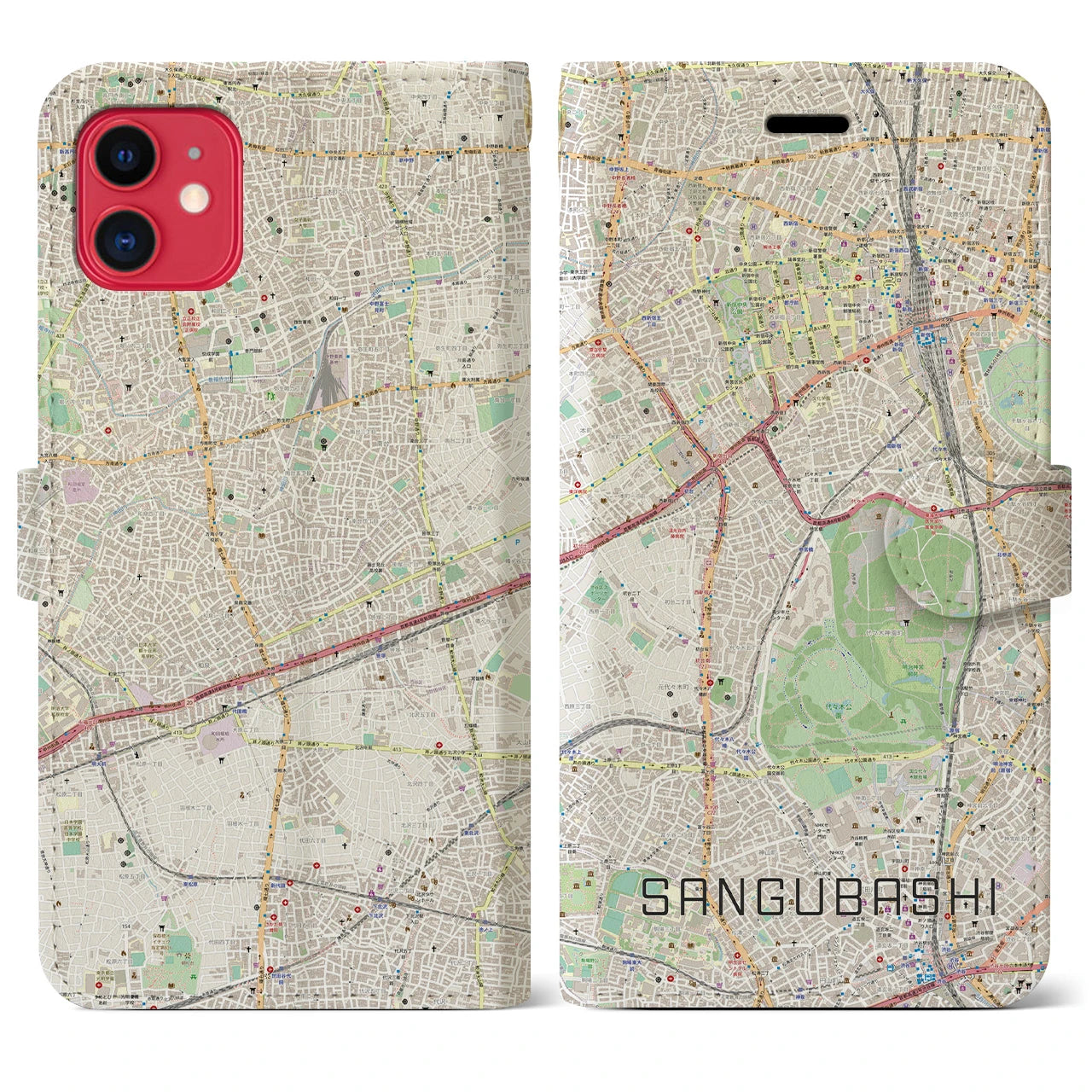【参宮橋】地図柄iPhoneケース（手帳両面タイプ・ナチュラル）iPhone 11 用