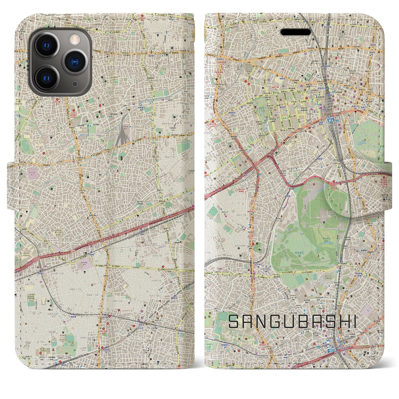 【参宮橋】地図柄iPhoneケース（手帳両面タイプ・ナチュラル）iPhone 11 Pro Max 用