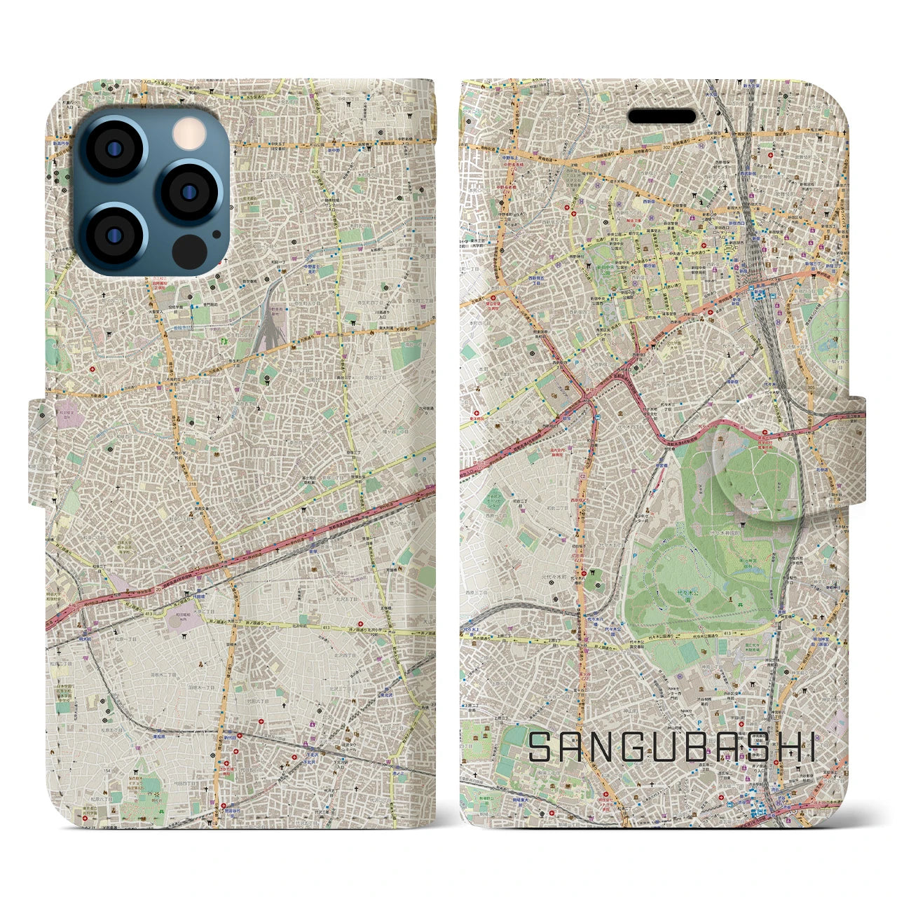 【参宮橋（東京都）】地図柄iPhoneケース（手帳タイプ）ナチュラル・iPhone 12 / 12 Pro 用