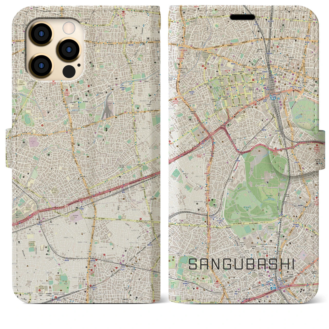 【参宮橋】地図柄iPhoneケース（手帳両面タイプ・ナチュラル）iPhone 12 Pro Max 用