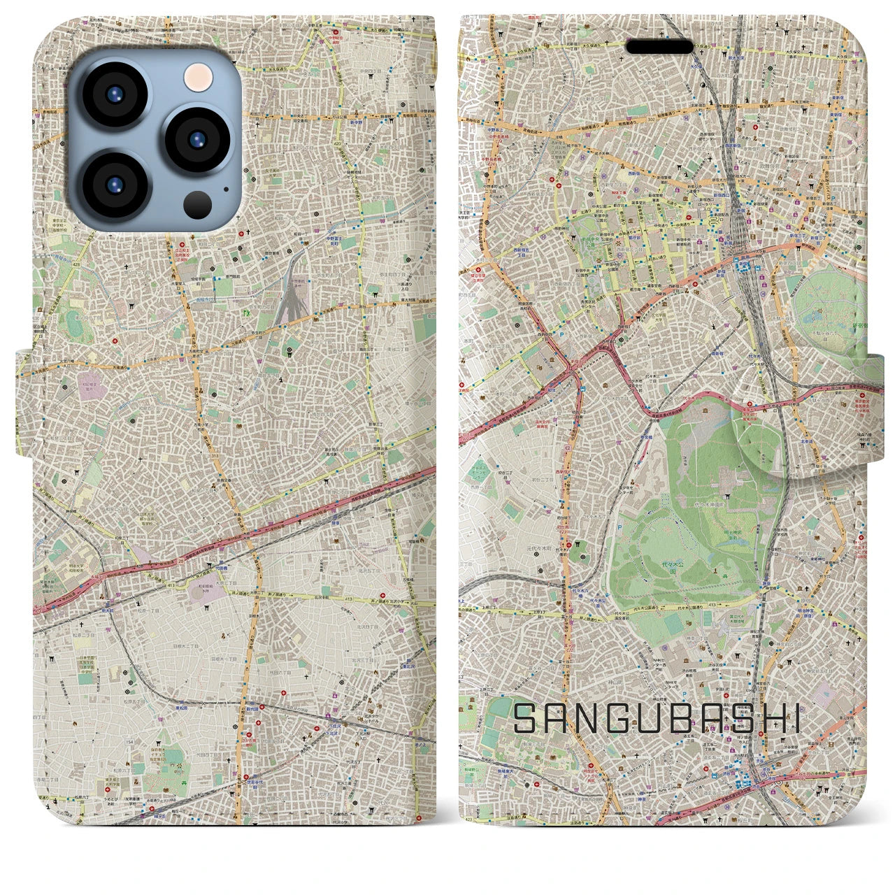 【参宮橋】地図柄iPhoneケース（手帳両面タイプ・ナチュラル）iPhone 13 Pro Max 用