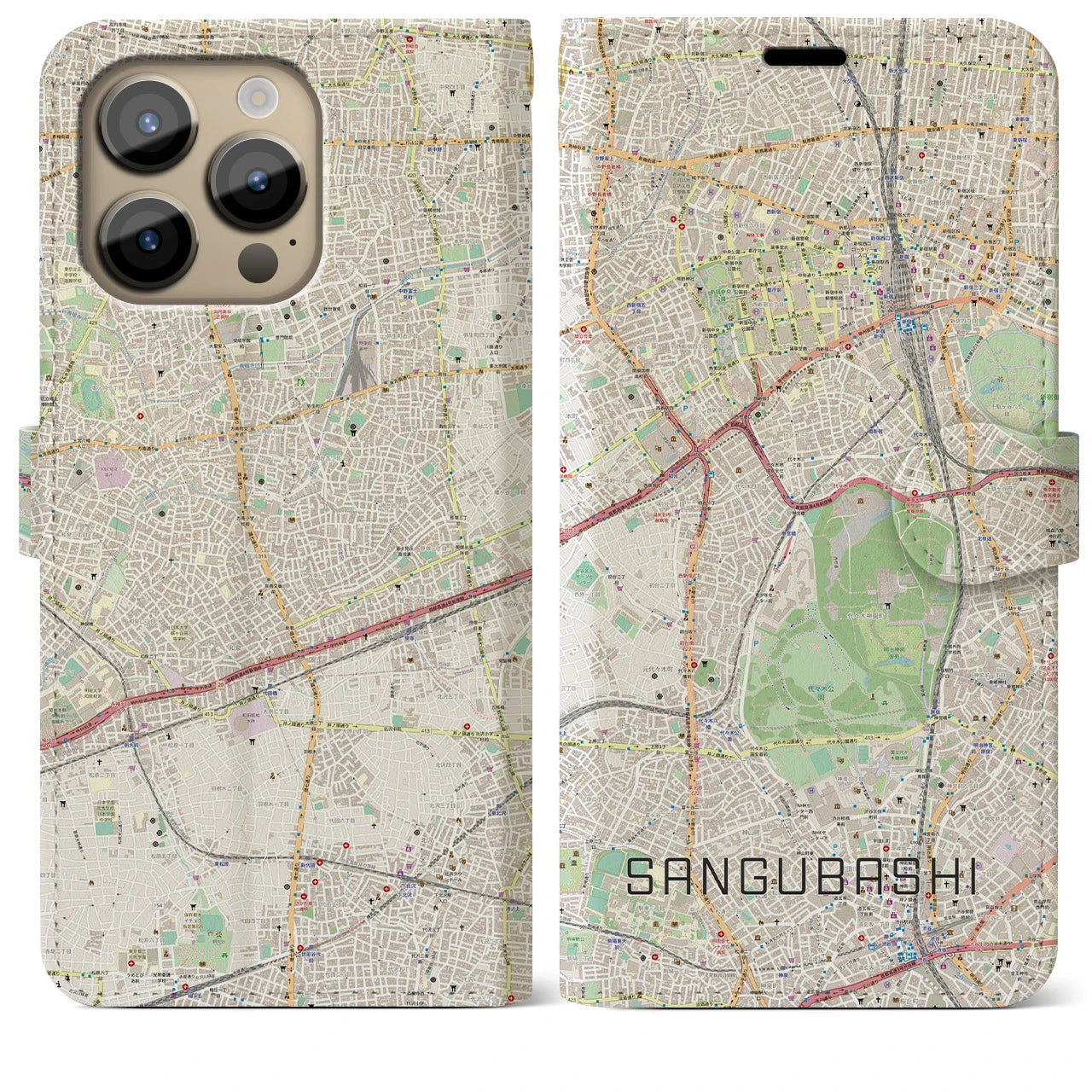 【参宮橋】地図柄iPhoneケース（手帳両面タイプ・ナチュラル）iPhone 14 Pro Max 用