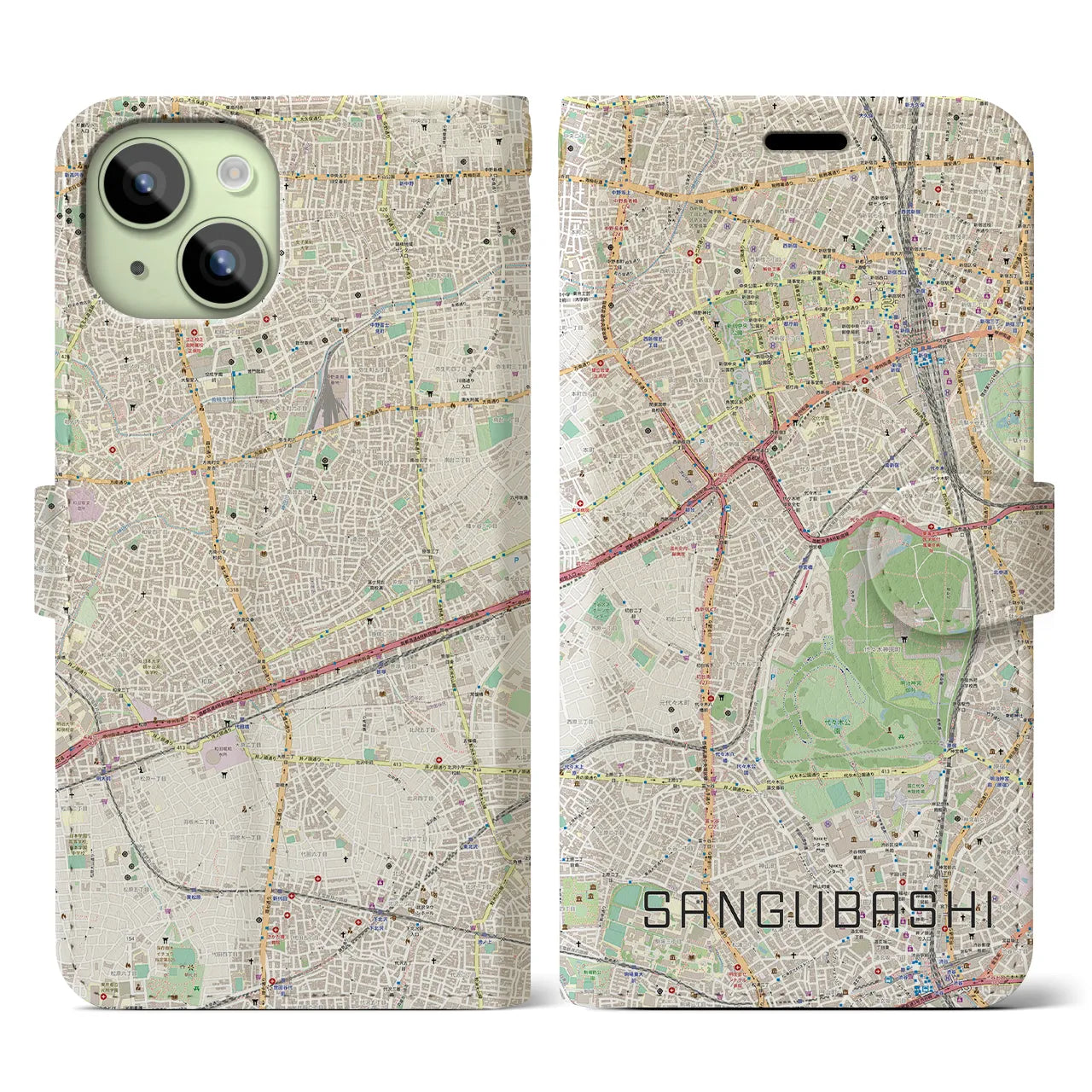 【参宮橋】地図柄iPhoneケース（手帳両面タイプ・ナチュラル）iPhone 15 用
