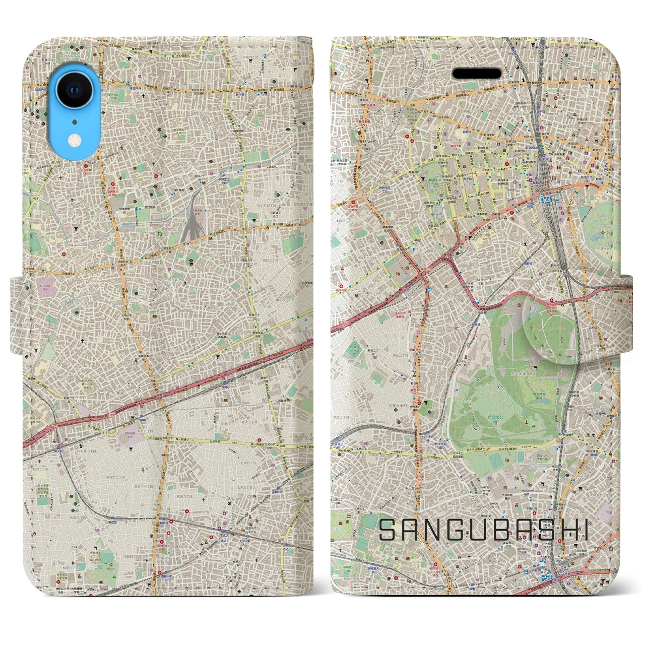【参宮橋】地図柄iPhoneケース（手帳両面タイプ・ナチュラル）iPhone XR 用