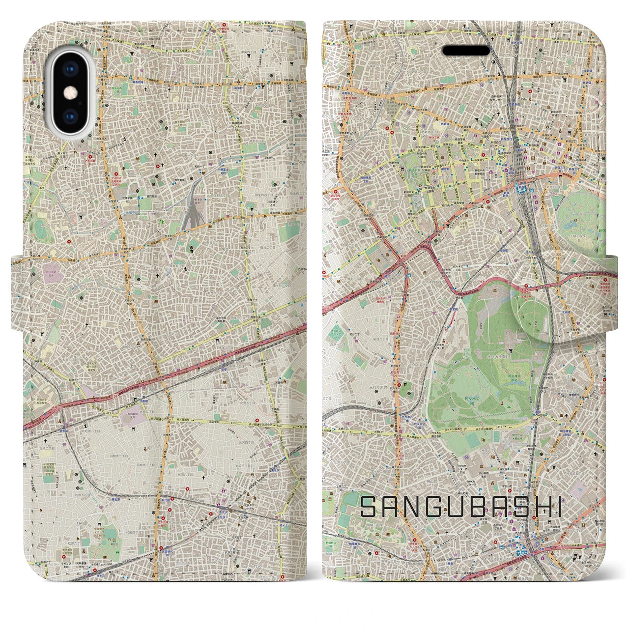 【参宮橋（東京都）】地図柄iPhoneケース（手帳タイプ）ナチュラル・iPhone XS Max 用