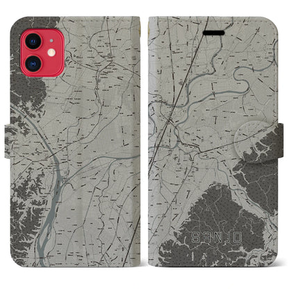 【三条（新潟県）】地図柄iPhoneケース（手帳タイプ）モノトーン・iPhone 11 用