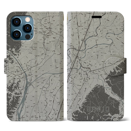 【三条（新潟県）】地図柄iPhoneケース（手帳タイプ）モノトーン・iPhone 12 / 12 Pro 用