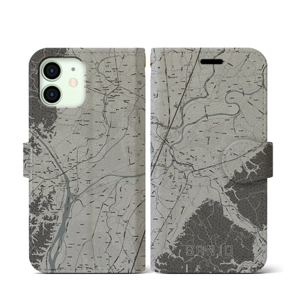 【三条（新潟県）】地図柄iPhoneケース（手帳タイプ）モノトーン・iPhone 12 mini 用