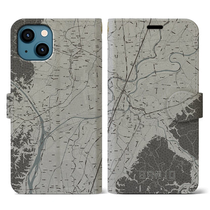 【三条（新潟県）】地図柄iPhoneケース（手帳タイプ）モノトーン・iPhone 13 用