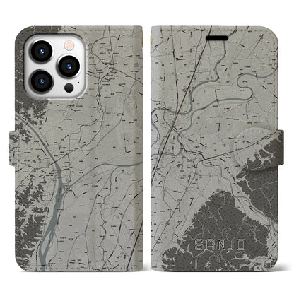 【三条（新潟県）】地図柄iPhoneケース（手帳タイプ）モノトーン・iPhone 13 Pro 用