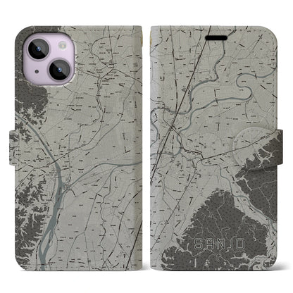 【三条（新潟県）】地図柄iPhoneケース（手帳タイプ）モノトーン・iPhone 14 用