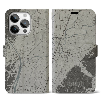 【三条（新潟県）】地図柄iPhoneケース（手帳タイプ）モノトーン・iPhone 14 Pro 用