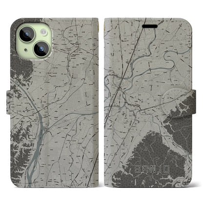 【三条（新潟県）】地図柄iPhoneケース（手帳タイプ）モノトーン・iPhone 15 用