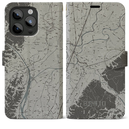 【三条（新潟県）】地図柄iPhoneケース（手帳タイプ）モノトーン・iPhone 15 Pro Max 用