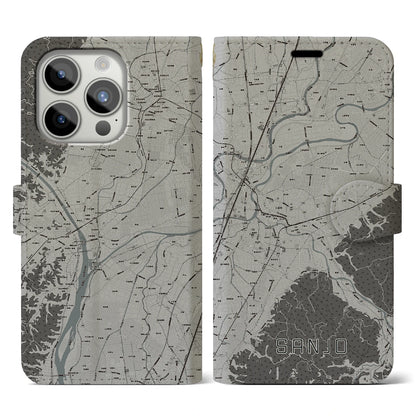 【三条（新潟県）】地図柄iPhoneケース（手帳タイプ）モノトーン・iPhone 15 Pro 用