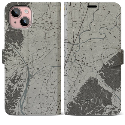 【三条（新潟県）】地図柄iPhoneケース（手帳タイプ）モノトーン・iPhone 15 Plus 用