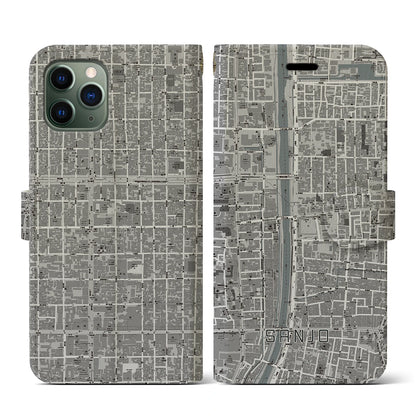 【三条（京都府）】地図柄iPhoneケース（手帳タイプ）モノトーン・iPhone 11 Pro 用