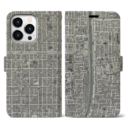 【三条（京都府）】地図柄iPhoneケース（手帳タイプ）モノトーン・iPhone 13 Pro 用