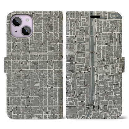 【三条（京都府）】地図柄iPhoneケース（手帳タイプ）モノトーン・iPhone 14 用