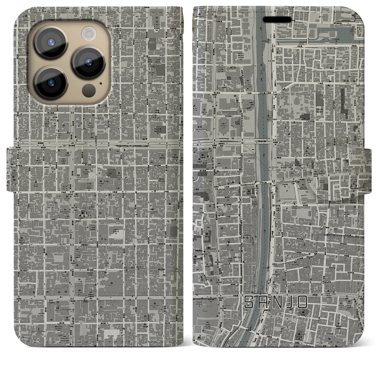 【三条】地図柄iPhoneケース（手帳両面タイプ・モノトーン）iPhone 14 Pro Max 用