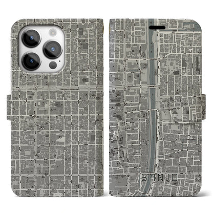 【三条（京都府）】地図柄iPhoneケース（手帳タイプ）モノトーン・iPhone 14 Pro 用