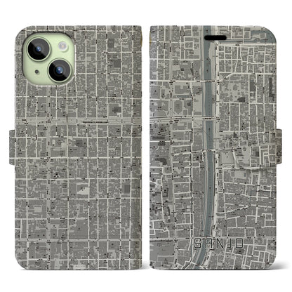 【三条（京都府）】地図柄iPhoneケース（手帳タイプ）モノトーン・iPhone 15 用
