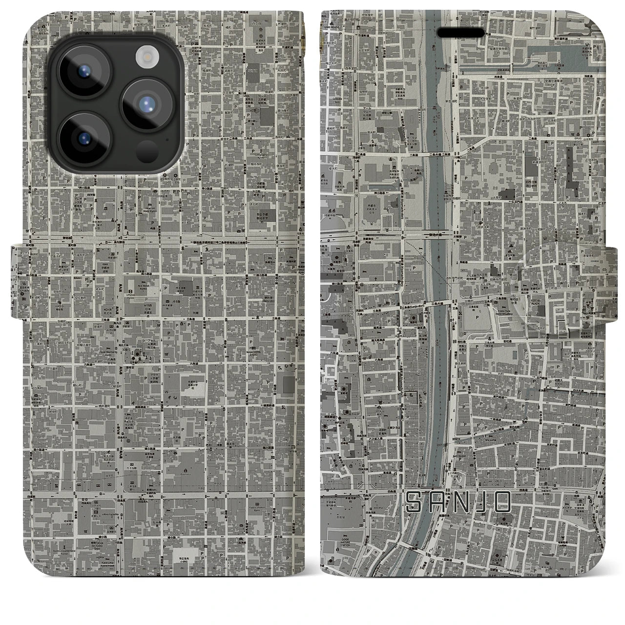 【三条】地図柄iPhoneケース（手帳両面タイプ・モノトーン）iPhone 15 Pro Max 用