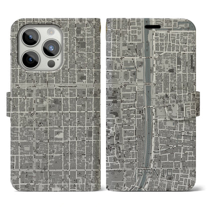 【三条（京都府）】地図柄iPhoneケース（手帳タイプ）モノトーン・iPhone 15 Pro 用