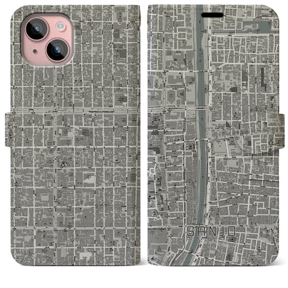 【三条（京都府）】地図柄iPhoneケース（手帳タイプ）モノトーン・iPhone 15 Plus 用