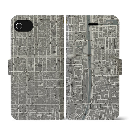 【三条（京都府）】地図柄iPhoneケース（手帳タイプ）モノトーン・iPhone SE（第3 / 第2世代） / 8 / 7 / 6s / 6 用