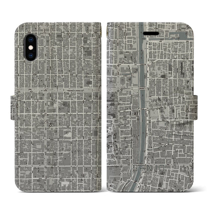 【三条（京都府）】地図柄iPhoneケース（手帳タイプ）モノトーン・iPhone XS / X 用