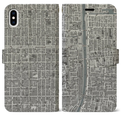 【三条（京都府）】地図柄iPhoneケース（手帳タイプ）モノトーン・iPhone XS Max 用