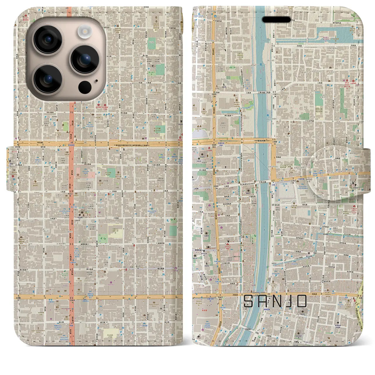 【三条（京都府）】地図柄iPhoneケース（手帳タイプ）ナチュラル・iPhone 16 Plus 用