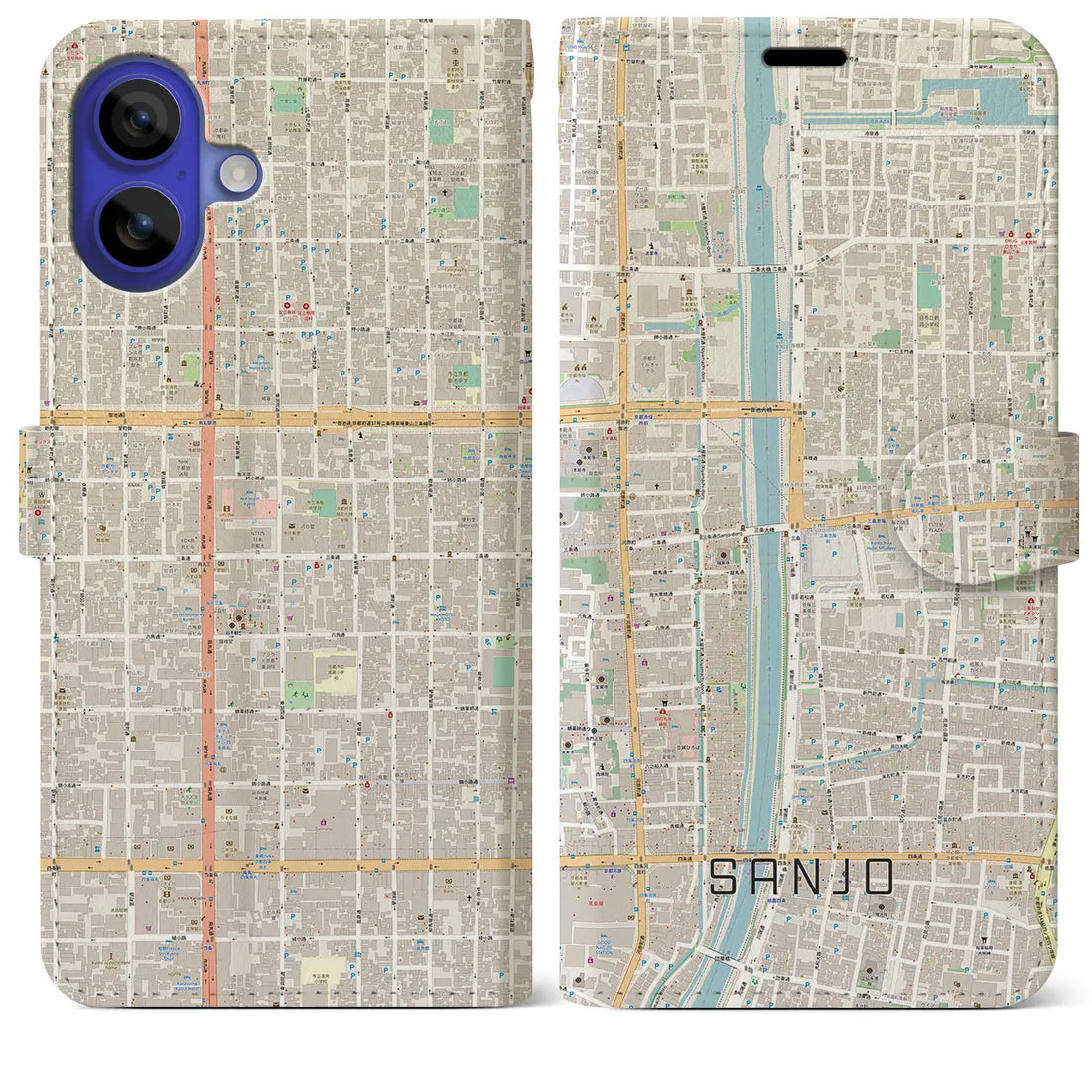 【三条(京都府)】地図柄iPhoneケース(手帳タイプ)ナチュラル・iPhone 16 Pro Max 用