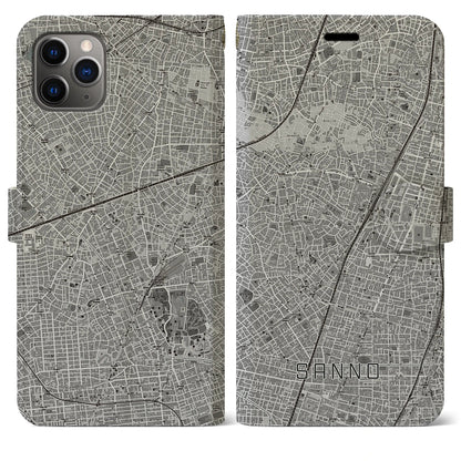 【山王（東京都）】地図柄iPhoneケース（手帳タイプ）モノトーン・iPhone 11 Pro Max 用