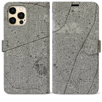 【山王（東京都）】地図柄iPhoneケース（手帳タイプ）モノトーン・iPhone 12 Pro Max 用